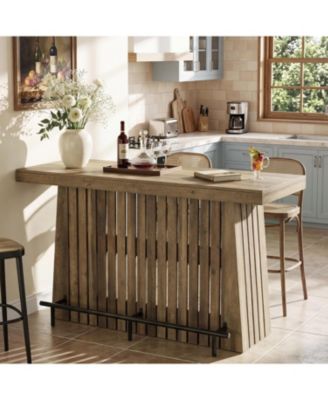 2-Tier Bar Table, 63" Wooden Home Bar Unit with Footrest, Large Counter Height Pub Table with Storage Shelves