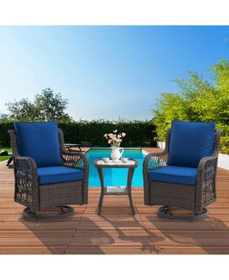 3 Piece Patio Bistro Set, All Weather Wicker Swivel Rocker Lounge Chairs with Cushions and Glass Table for Porch or Garden