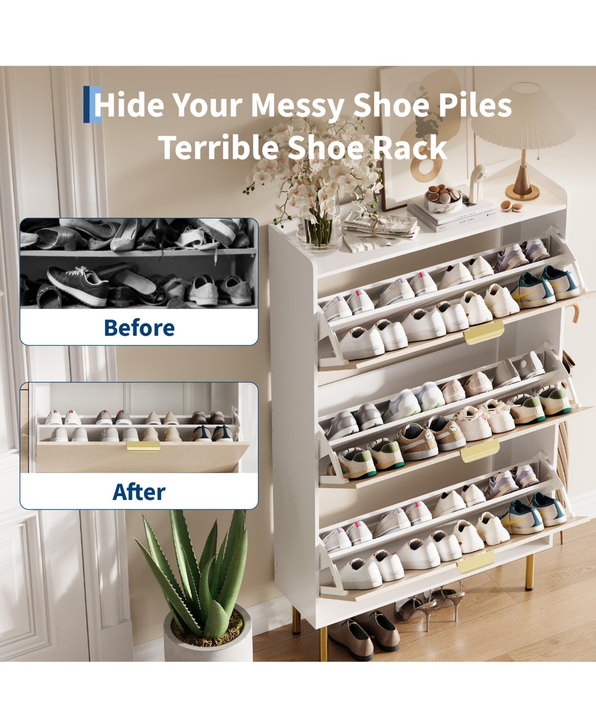 Shoe Cabinet with 3 Flip Drawers, Freestanding Narrow with Metal Legs, Farmhouse Slim Storage with Adjustable Shelves for Entryway, Foyer, Hallway