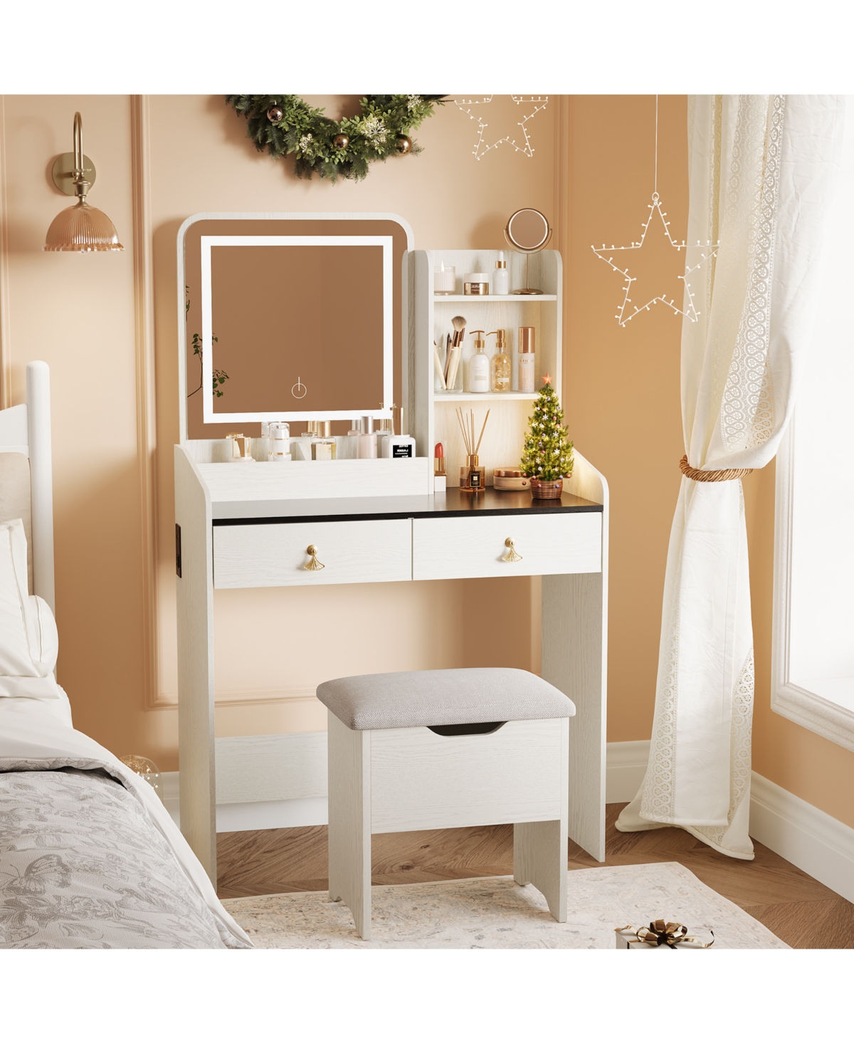 homfan Makeup Vanity Desk Set with Led Mirror, Charging Station, 2 Drawers, and Storage Stool