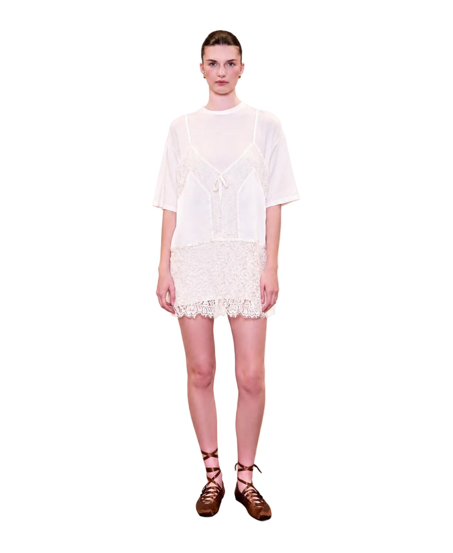 Женское платье PCFG Daydreamers Mini T-Shirt Dress With Lace And Satin Details, цвет: Белый — фото 1