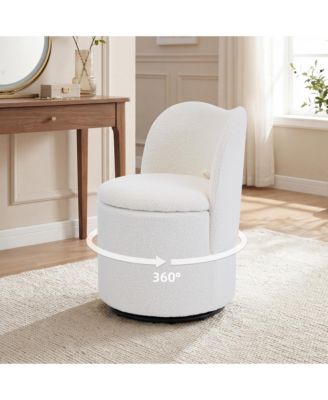 Sherpa Swivel Vanity Chair with Storage - 360degree(s) Upholstered Makeup Stool - Soft Padded Backrest - Ideal for Bedroom, Living Room