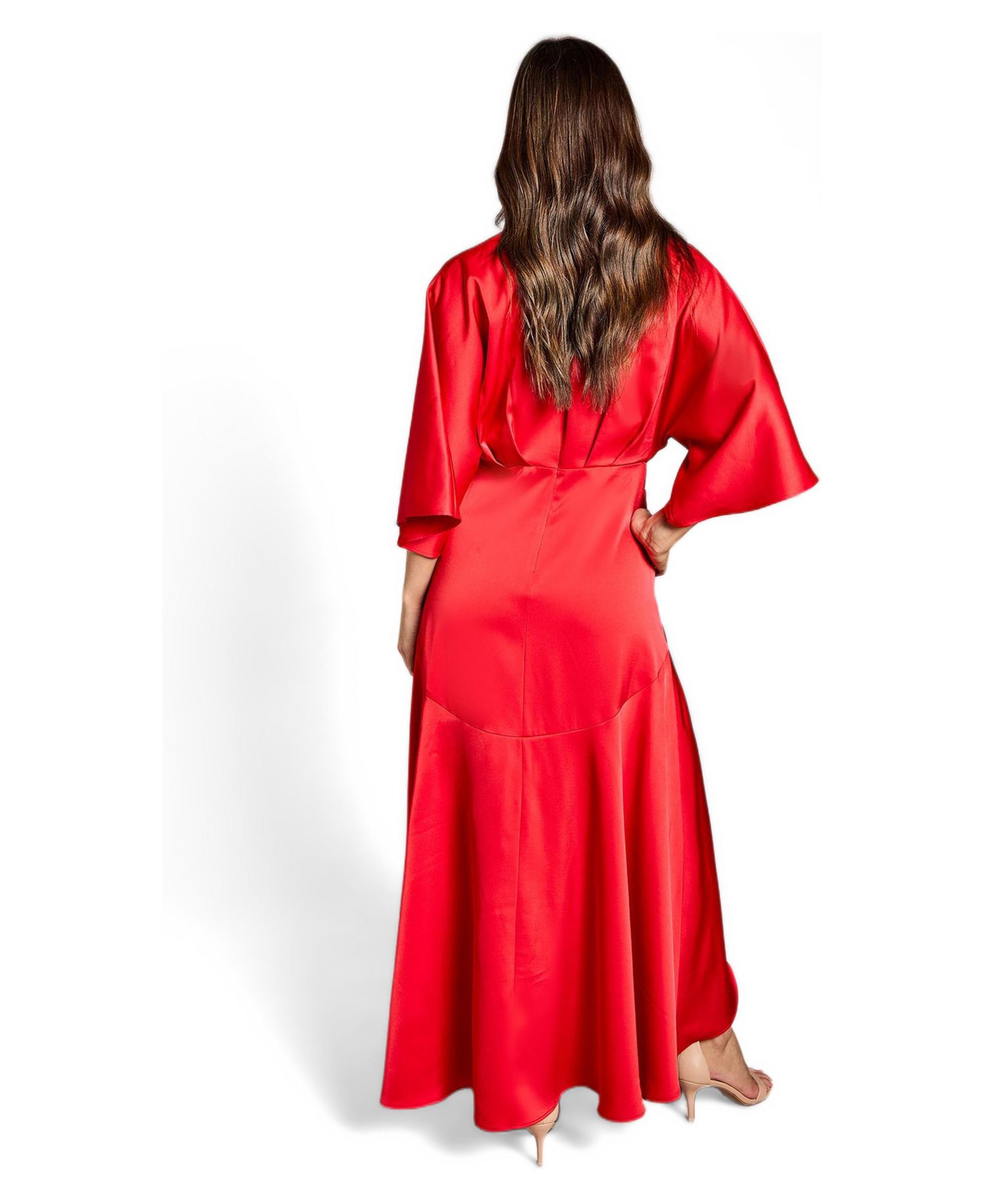 Women's Satin Back Crepe Ruffle Wrap Midi Dress