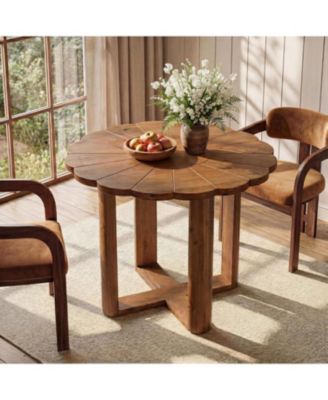 31.5-Inch Solid Wood Round Dining Table for 2-4, Small Farmhouse Kitchen Table with Carved Petal Pattern, Wooden Dining Room Furniture