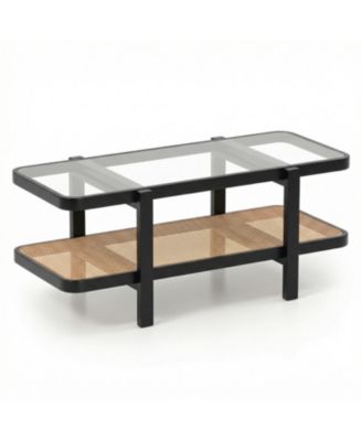 Modern 2-Tier Coffee Table with Glass Top and Open Storage Shelf Design
