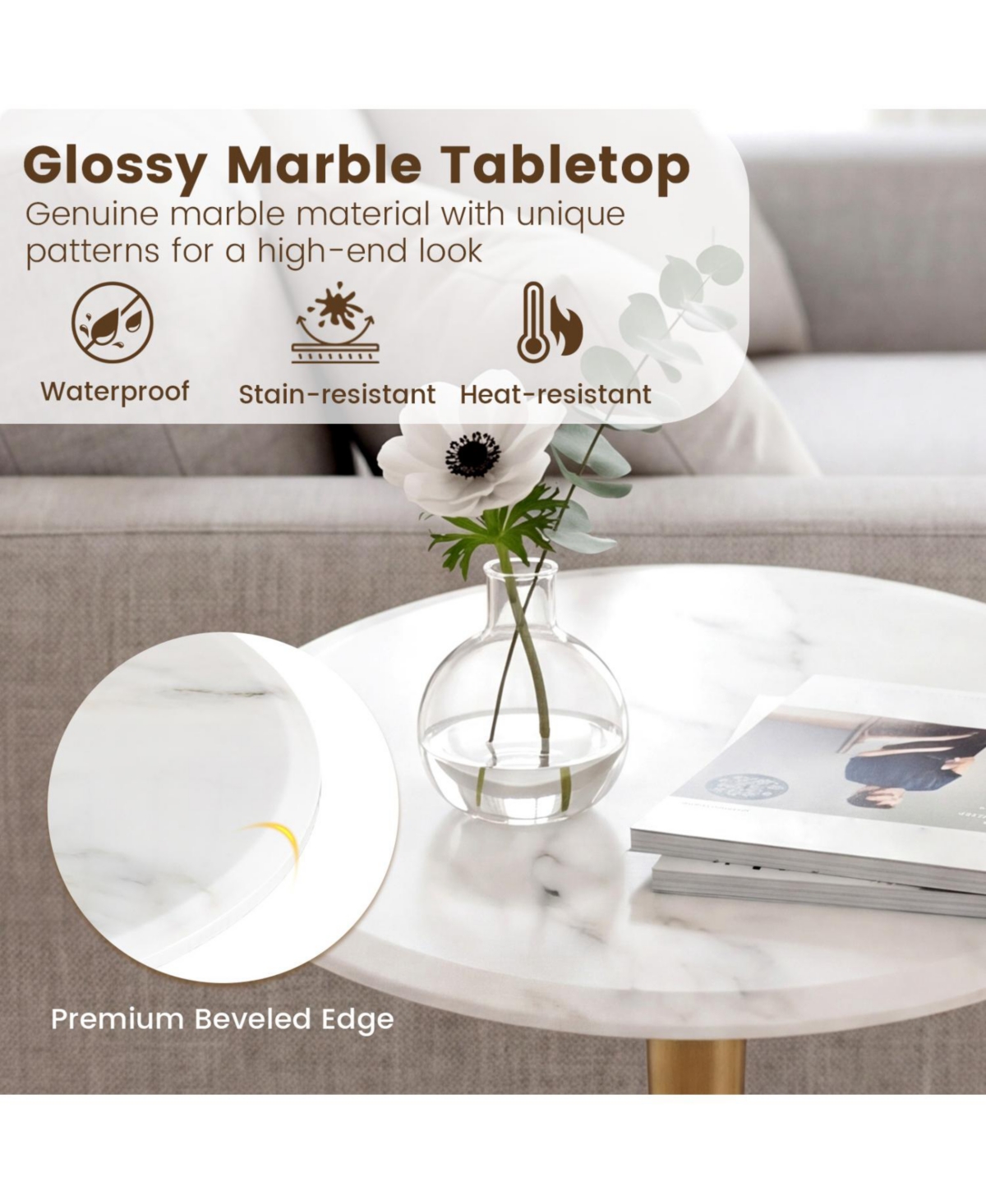 Slickblue Wooden Base Round Table with Marble Top for Small Space Decor