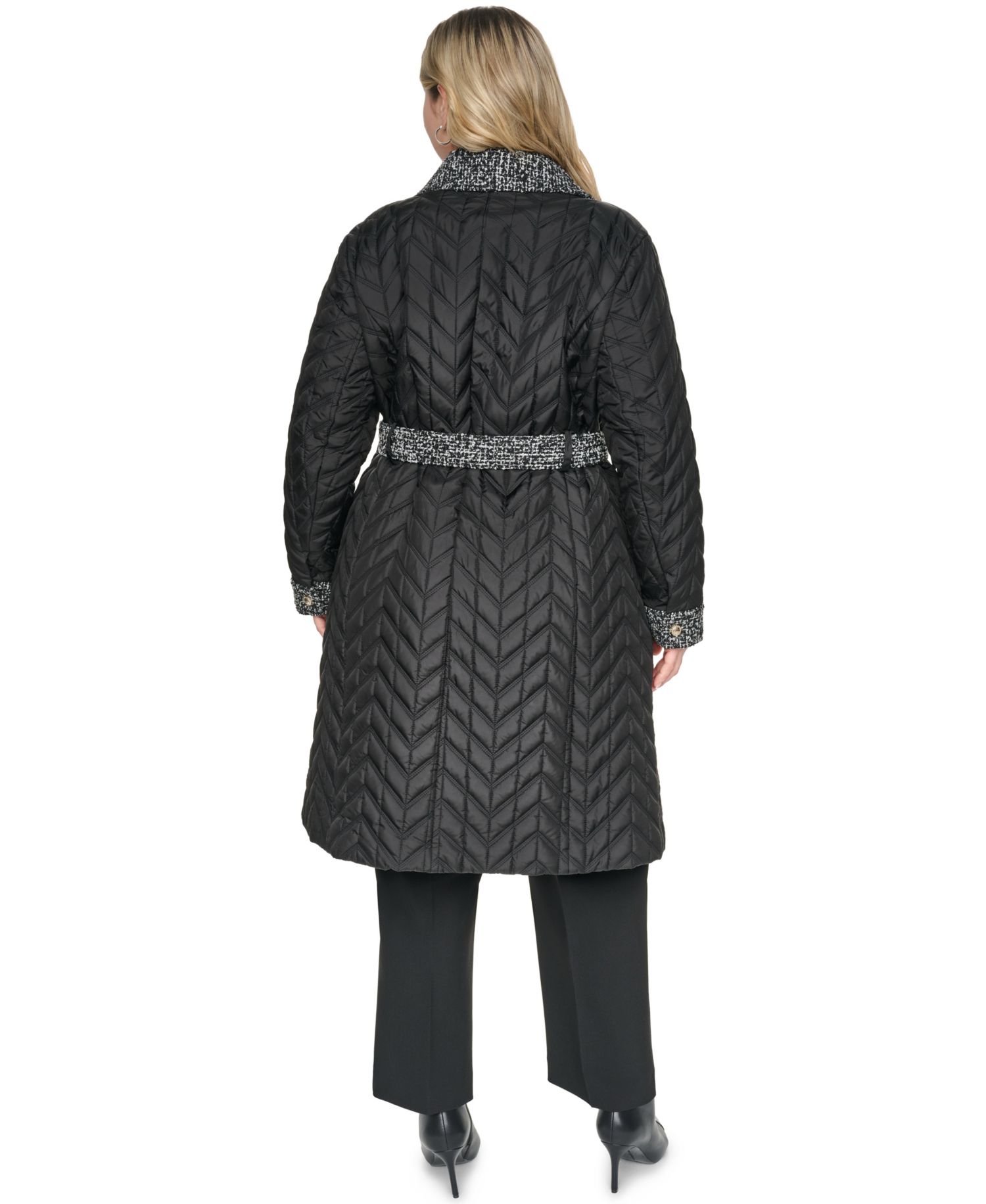Plus Size Long Quilted Tweed-Trim Coat