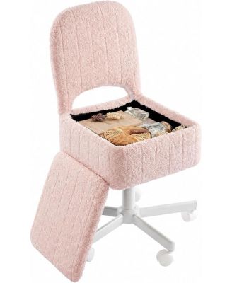 Large Vanity Stool Chair with Storage and Folding Back, Height Adjustable Lift Ottoman Swivel and Quiet Wheels, Soft Fleece Stool