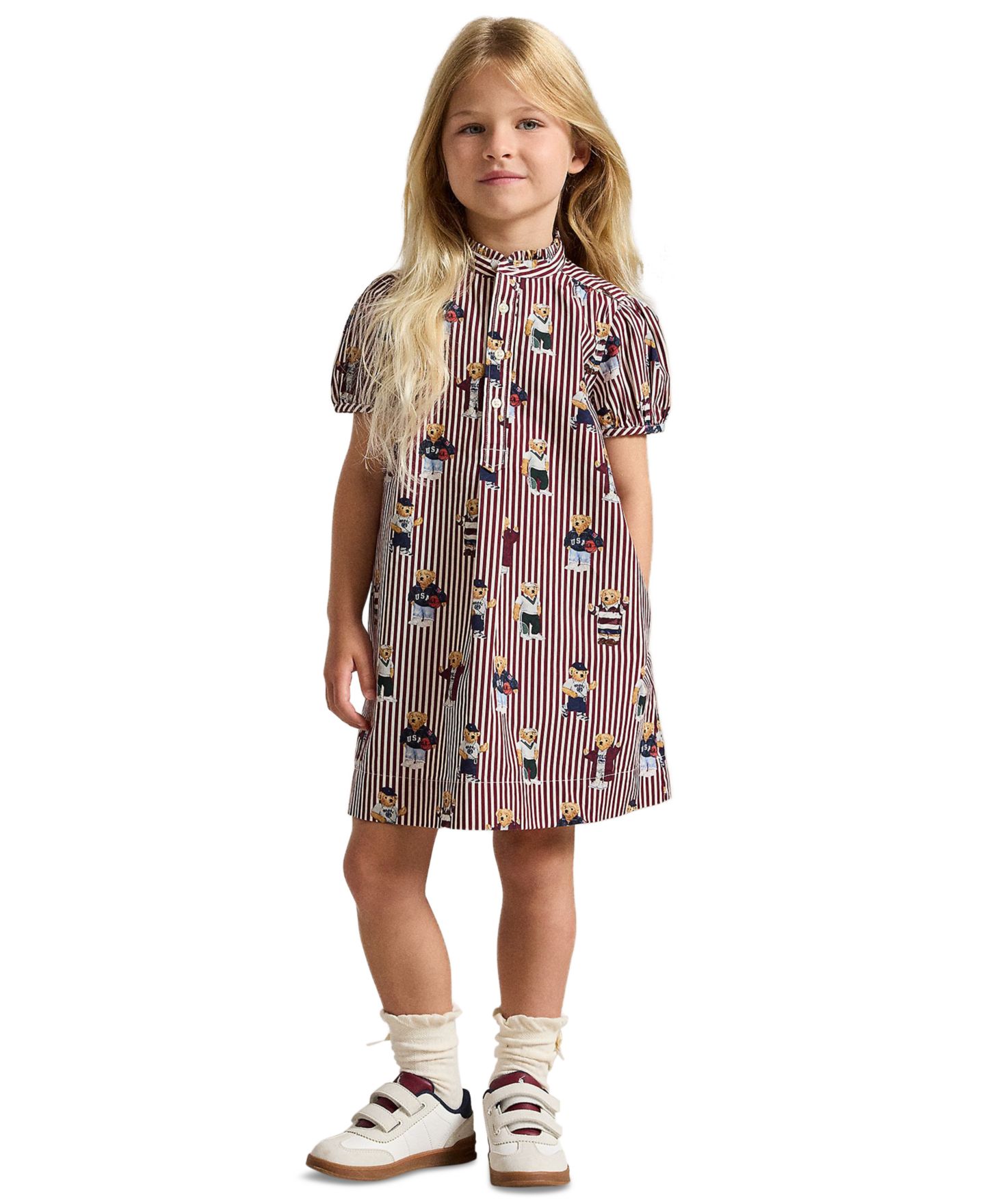 Платье Polo Ralph Lauren Polo Bear Poplin Short-Sleeve Dress для девочек, цвет: Полосатый — фото 1