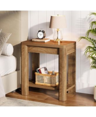 End Table for Living Room, Farmhouse Wooden Side Table with Storage Shelf