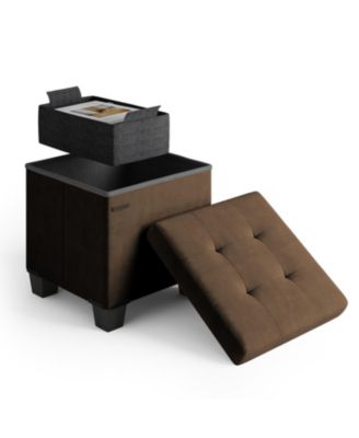 15-Inch Velvet Cube Storage Ottoman with Bin, Small Foot Stool and Seat for Living Room