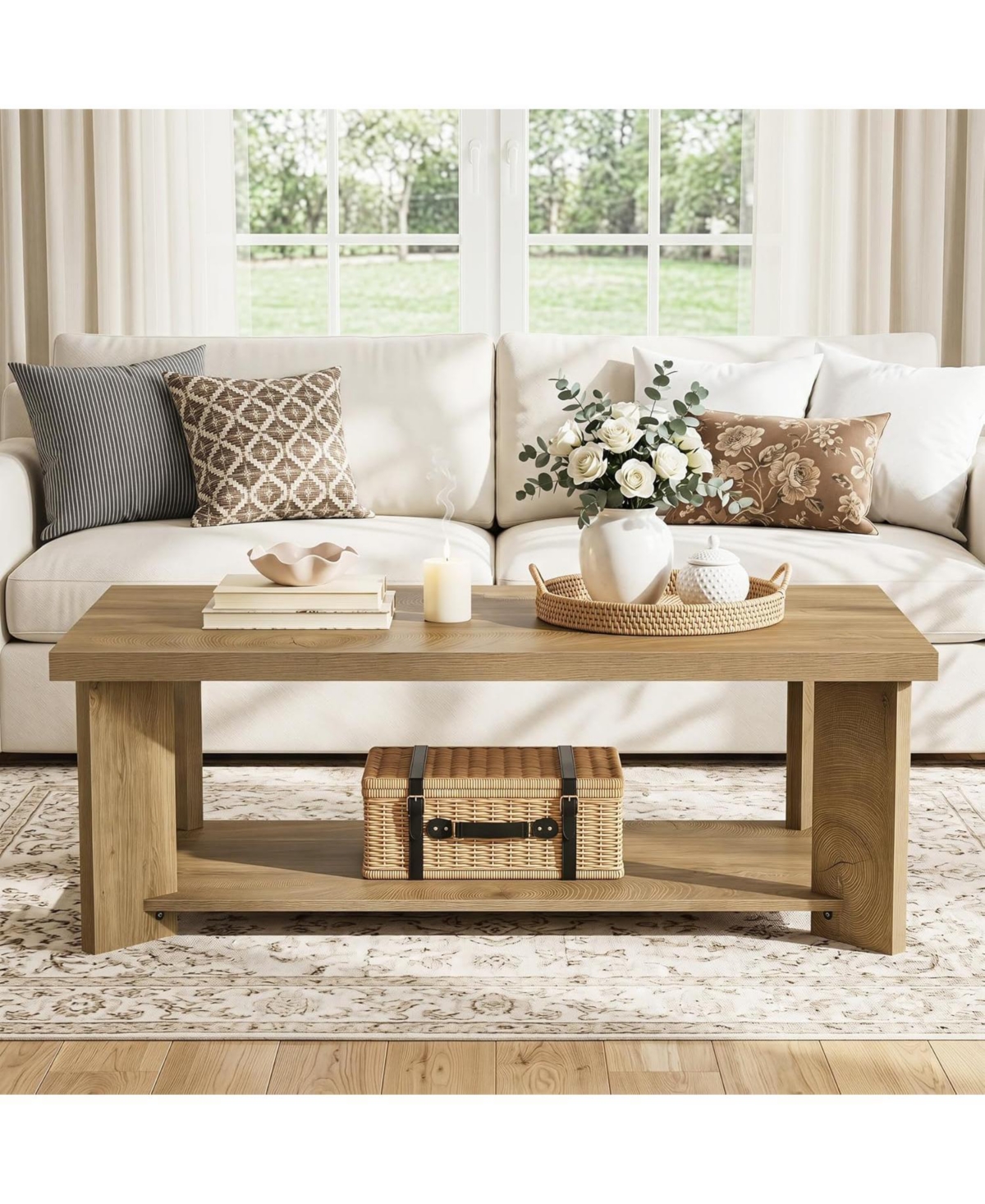 Tribesigns 47-Inch Coffee Table for Living Room, Farmhouse Rectangle Center Cocktail Table with Storage Shelves, Rustic Wooden Accent Tea Furniture