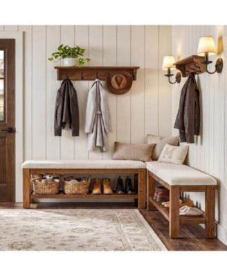 Entryway Bench Set: 55" L-shaped shoe bench with shelf. Farmhouse corner seating with faux shearling cushion.