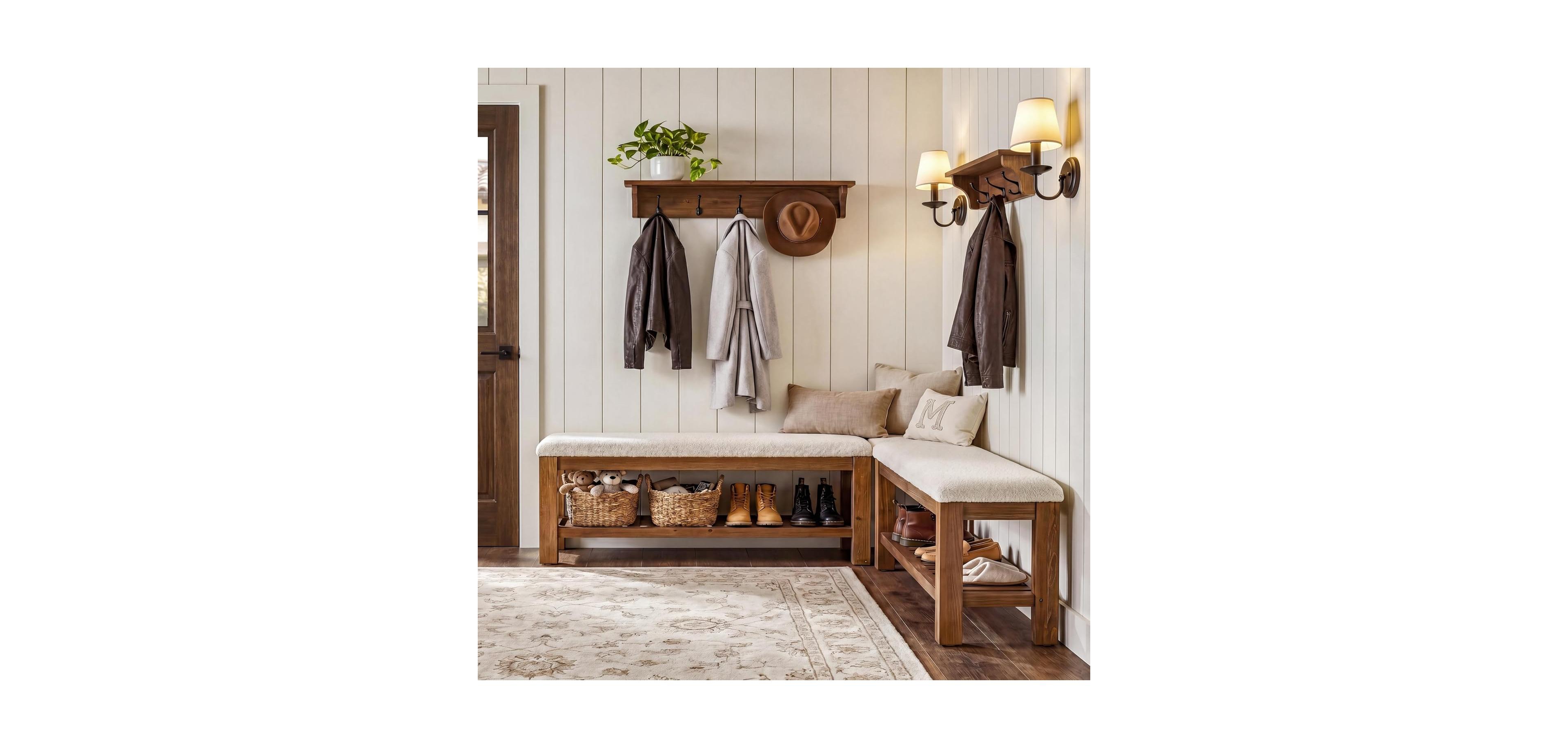 Tribesigns Entryway Bench Set: 55" L-shaped shoe bench with shelf. Farmhouse corner seating with faux shearling cushion.