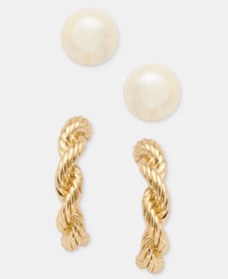 Imitation Pearl Stud & Rope Chain Hoop Earrings, 2-Piece Set 