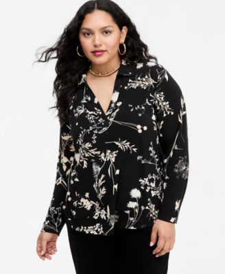 Plus Size Floral-Print Johnny Collar Knit Blouse