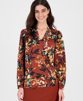 Women's Long-Sleeve Floral-Print V-Neck Blouse