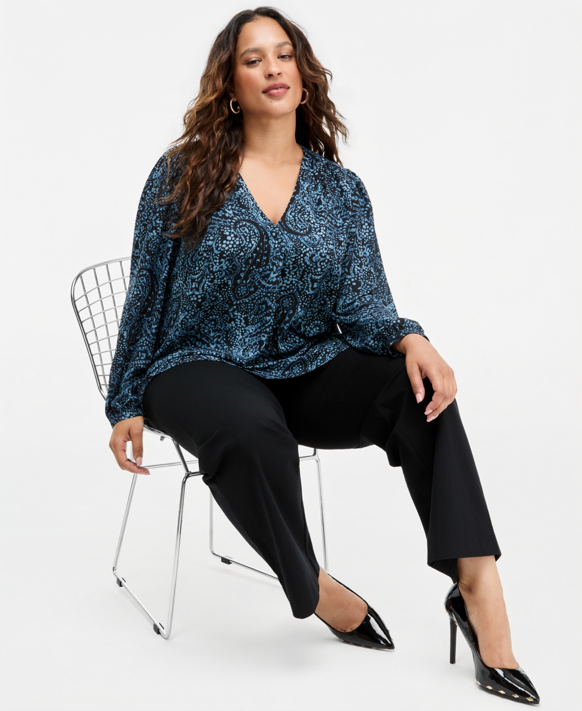 I.n.c. International Concepts Plus Long-Sleeve V-Neck Paisley-Print Blouse, Macy's Exclusive