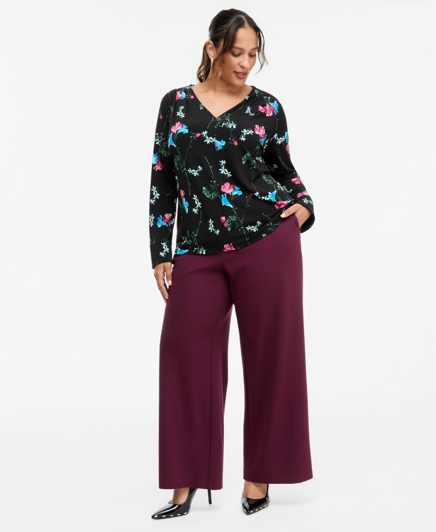 Женская блузка I.N.C. International Concepts Plus Size Long-Sleeve V-Neck Pleated-Shoulder Blouse, цвет: С принтом — фото 3