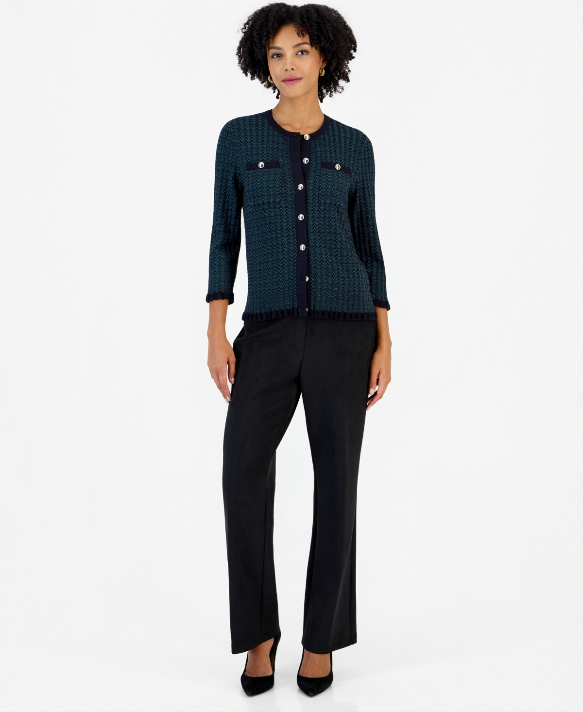 Kasper Petite Two-Tone Stitch Crewneck 3/4 Sleeve Cardigan
