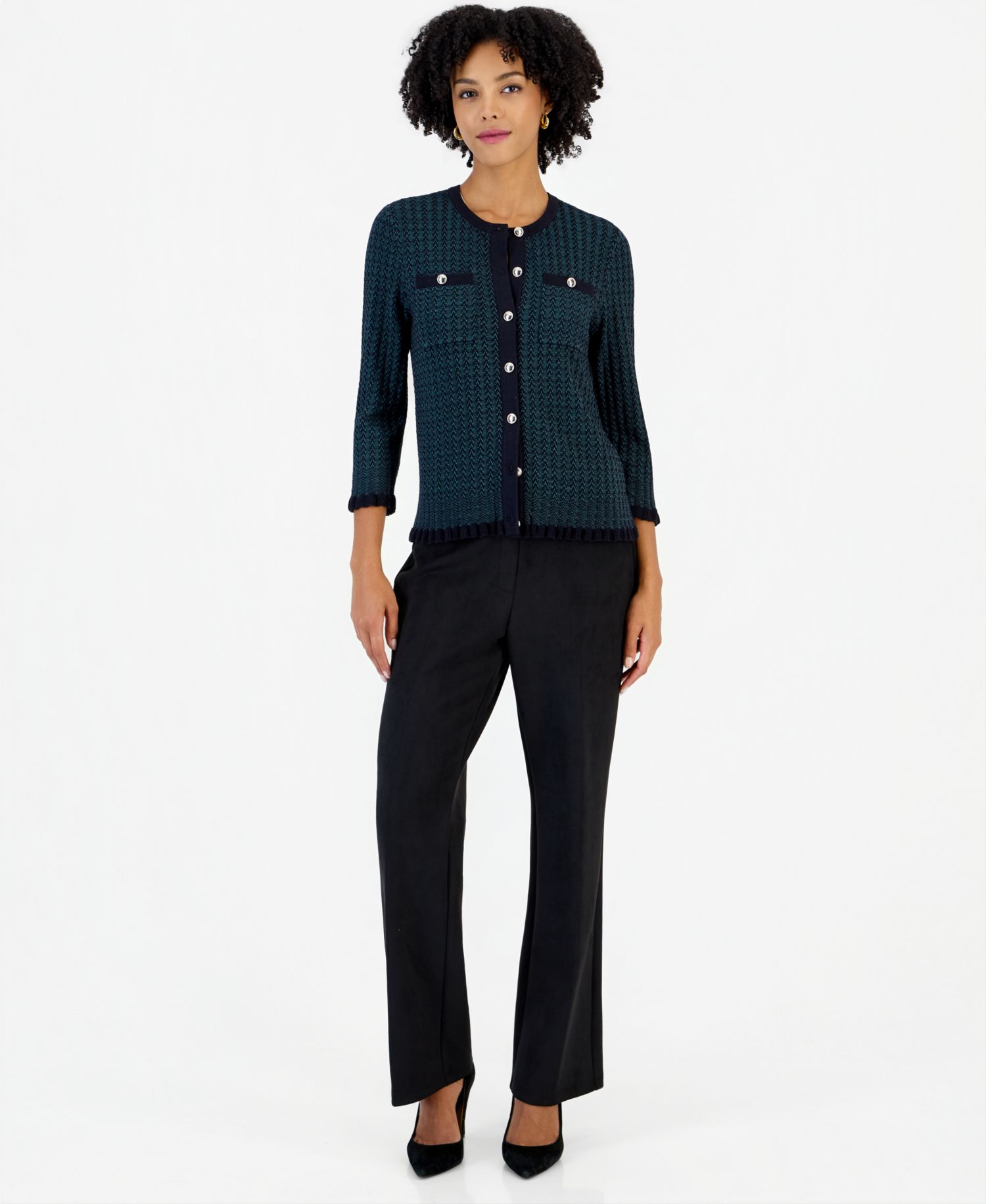 Petite Two-Tone Stitch Crew Neck 3/4 Sleeve Cardigan