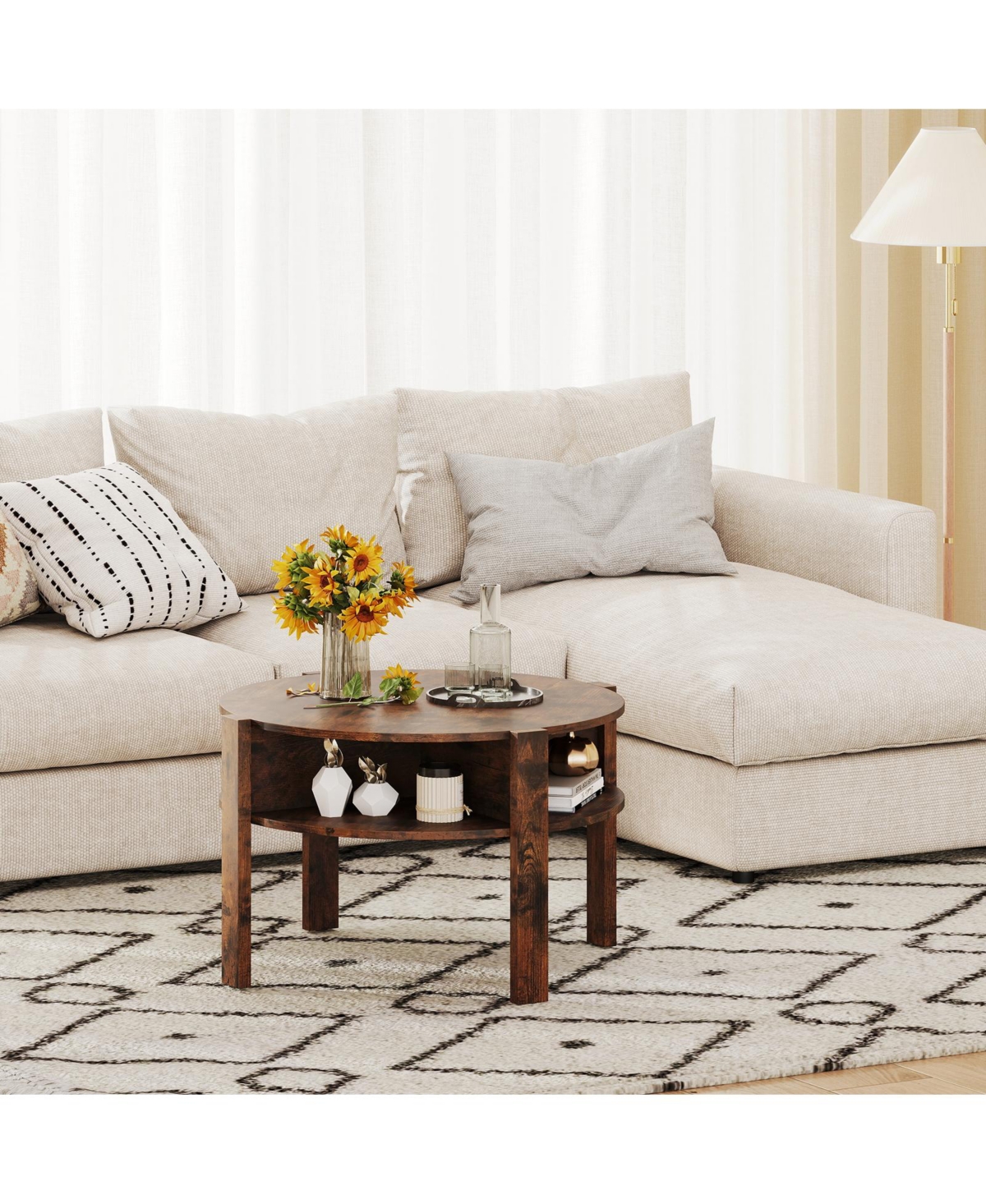 Slickblue Small Space Round Coffee Table with Lower Storage Shelf Design