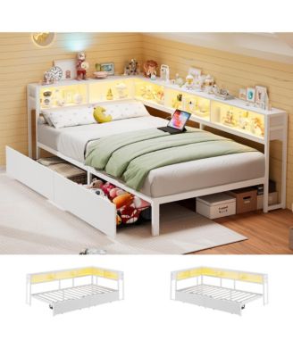 Corner Bed Frame with Charging Station and LED Lights, Storage Drawers and Bookcase Headboard, Modern Daybed for Kids, Teens, Guests
