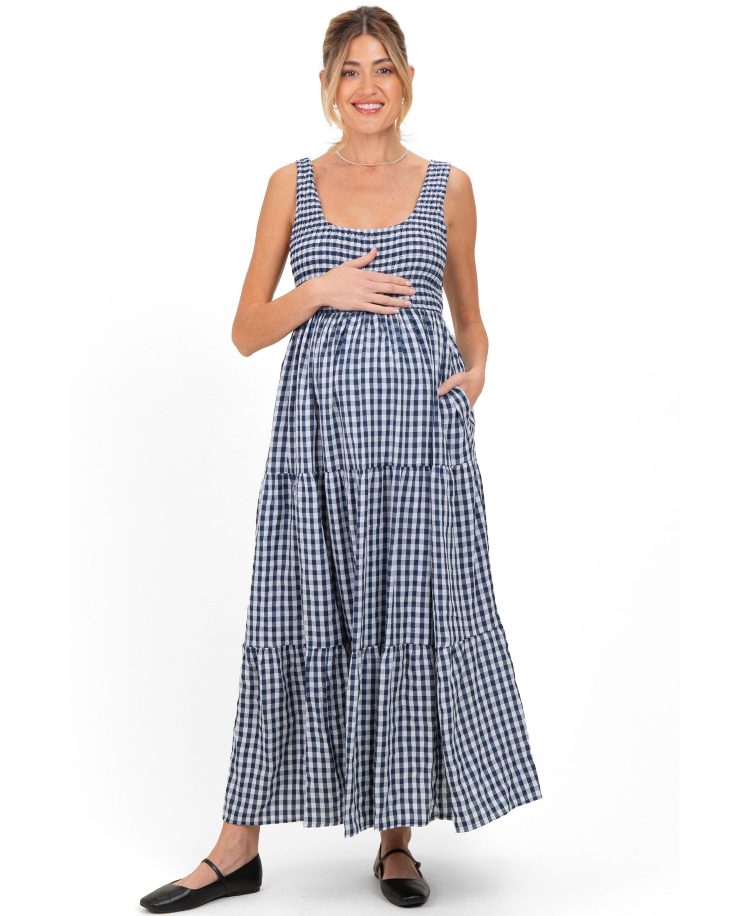 Maternity Blue Gingham Sleeveless Tiered Maxi Dress