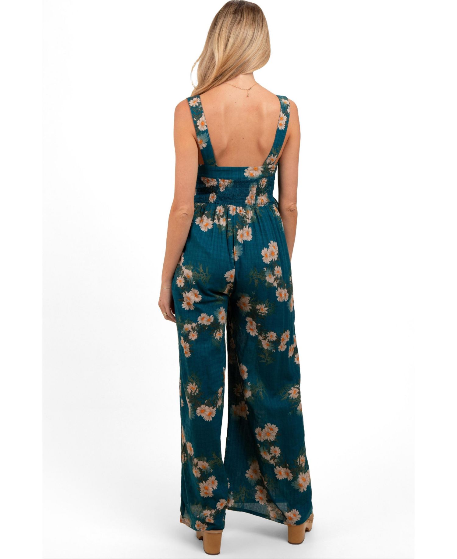 Maternity Teal Floral Smocked Jumpsuit