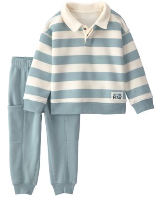 Baby Boys' Striped Fleece Henley Long-Sleeve Polo Sweatshirt and Pants, 2-Piece Set