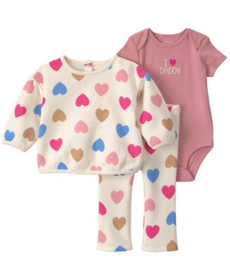 Baby Girls' Heart I Love Daddy Fleece Short-Sleeve Bodysuit, T-shirt and Pants, 3-Piece Set