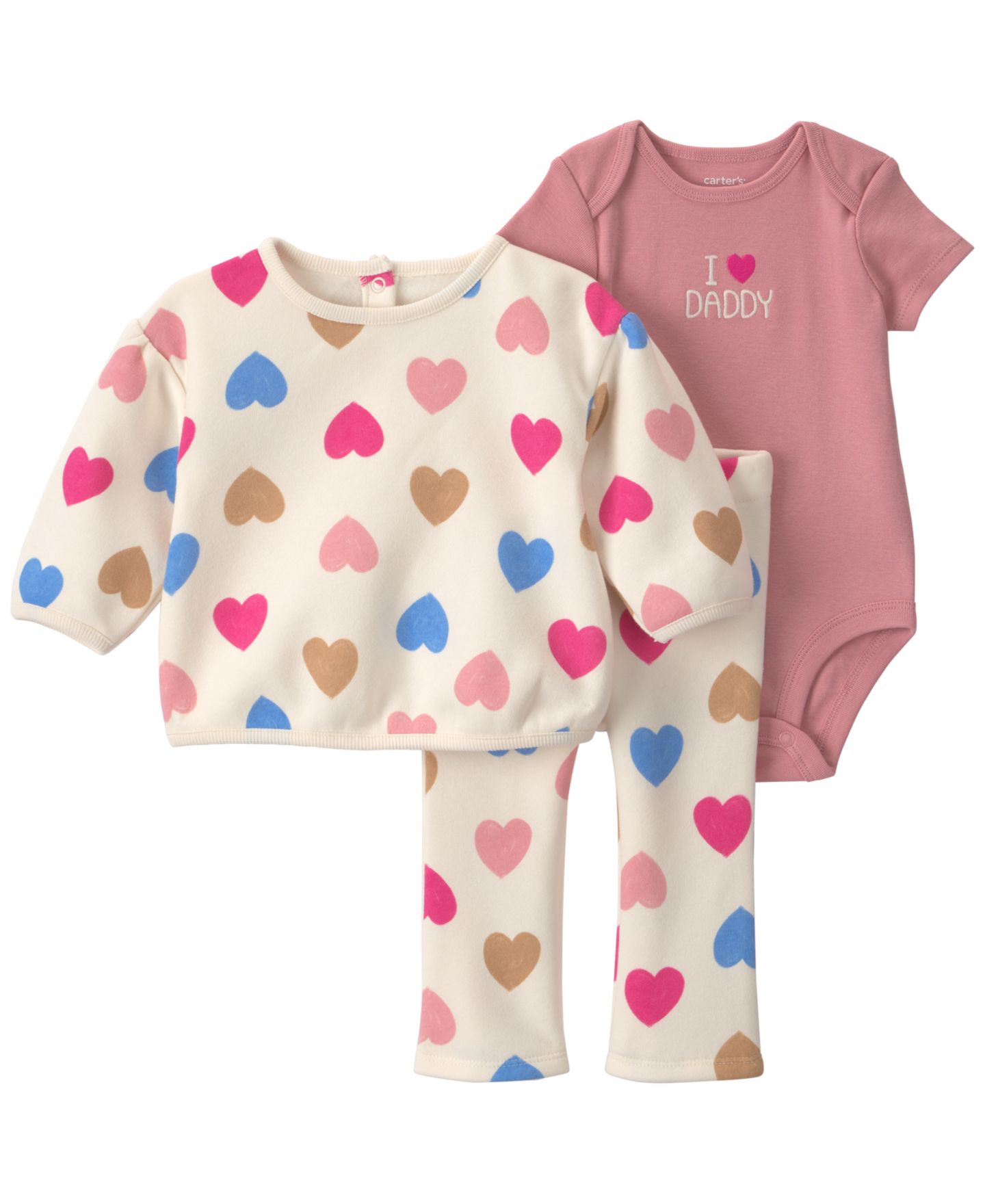 Детский комплект Carter's I Love Daddy для девочки: флисовое боди, футболка и брюки, цвет: Кремовый / Розовый — фото 1