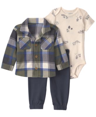 Baby Boys' Plaid Fleece Long-Sleeve Shirt, Bodysuit and Pants, 3-Piece Set