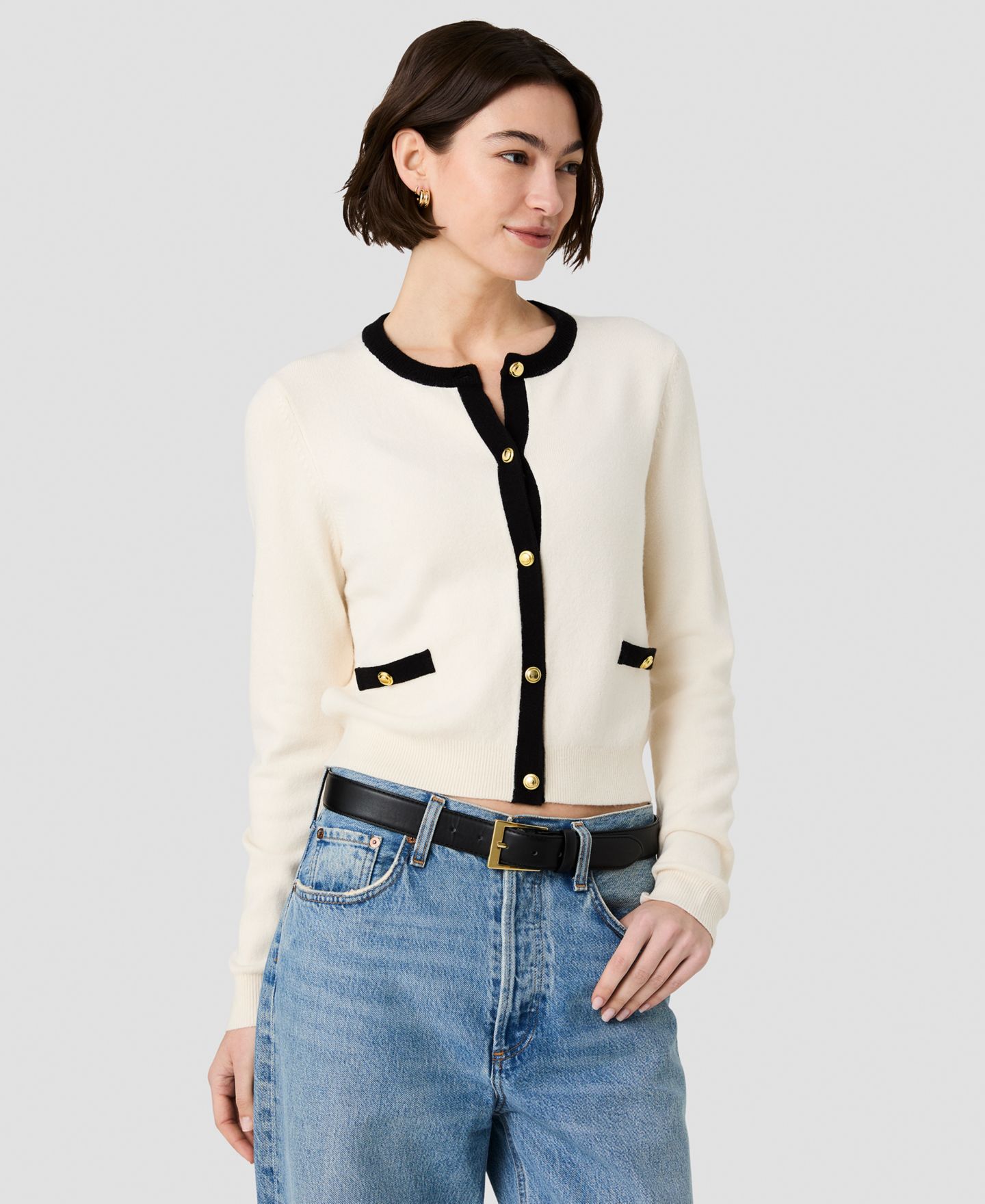 Женский кардиган French Connection Button-Front Fitted, цвет: Фарфоровый кремовый / Чёрный — фото 6