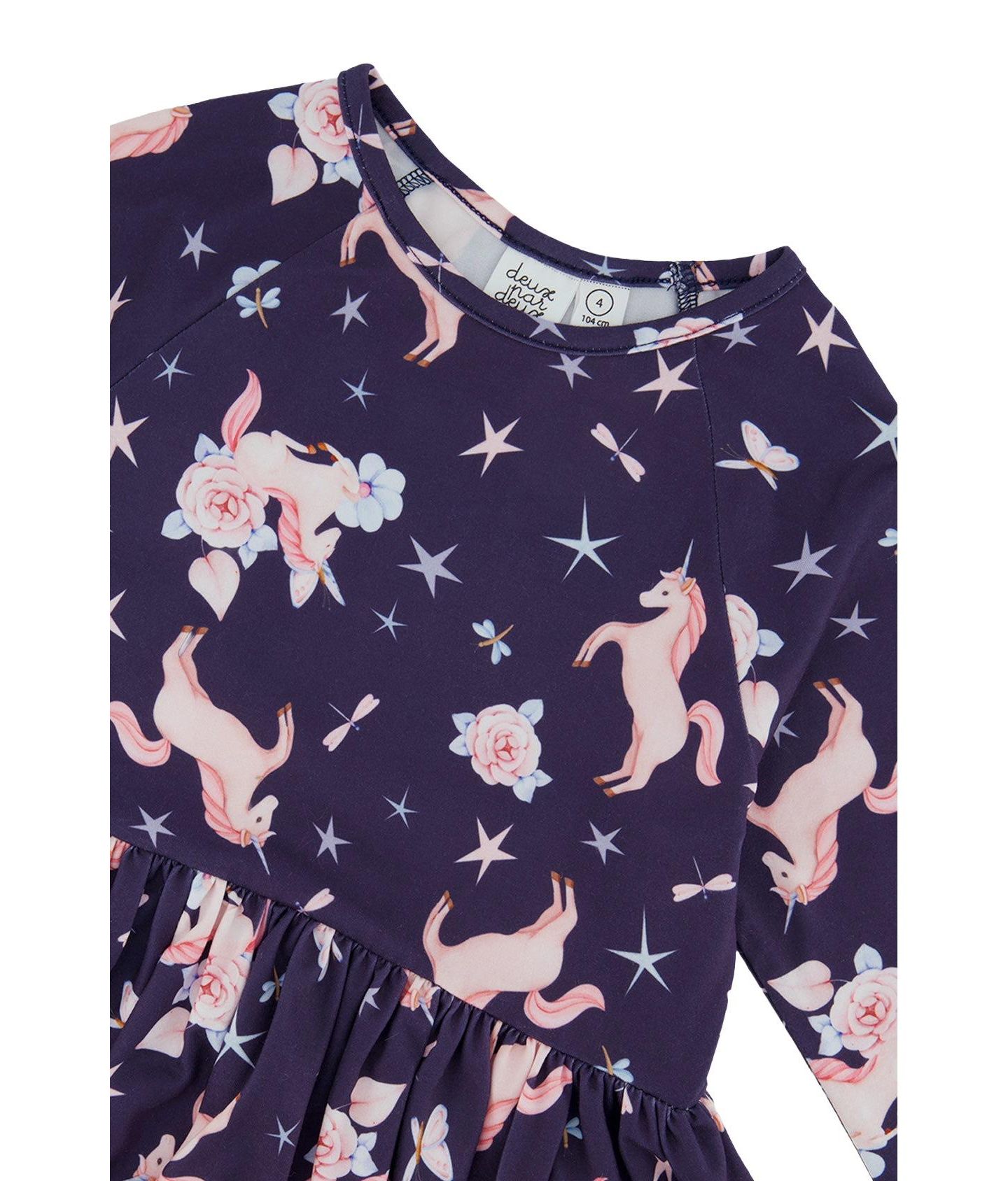 Платье Deux par Deux Long Sleeve Unicorn Print Dress для девочек, цвет: Тёмно-синий с принтом — фото 5