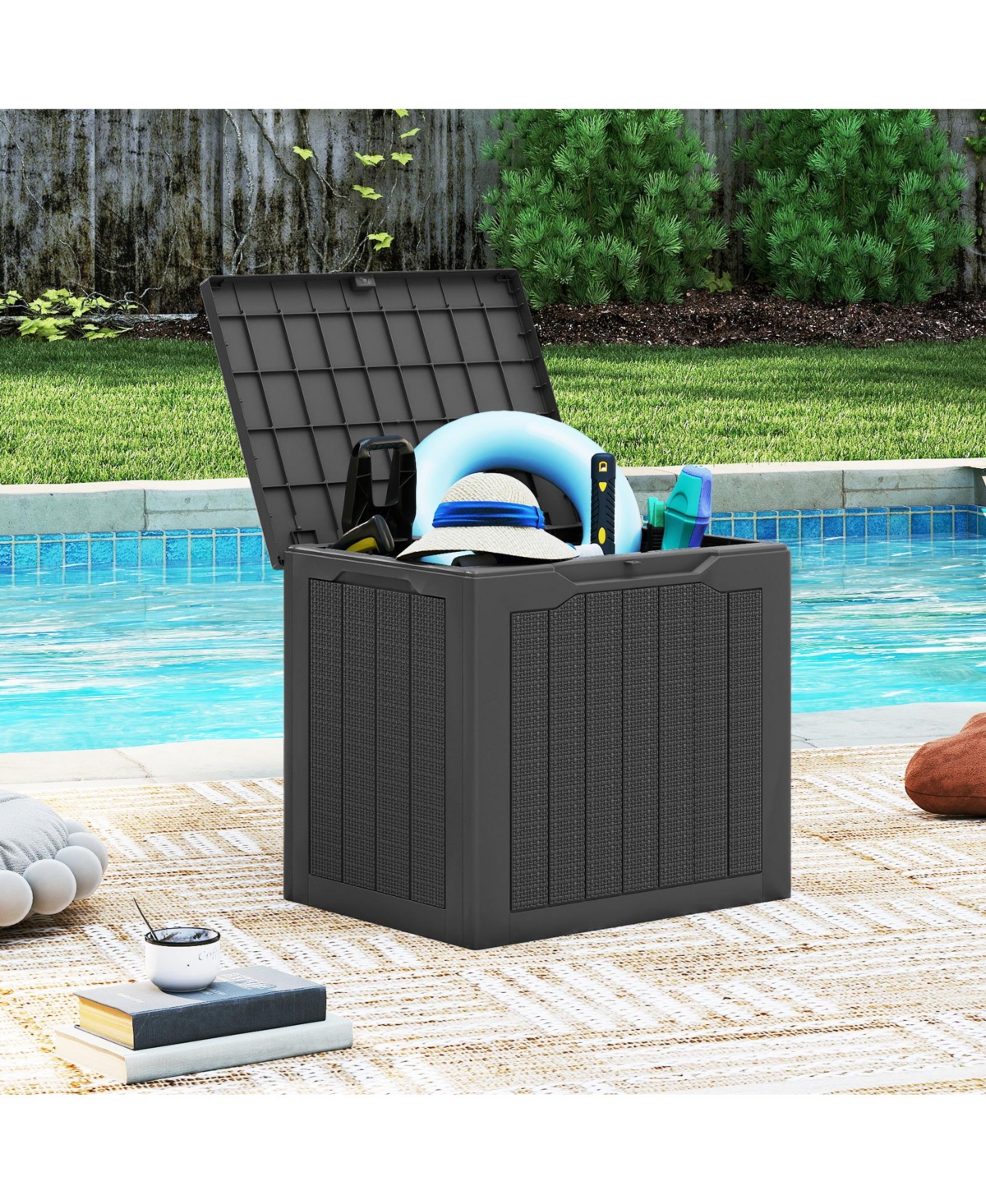 Gymax Outdoor Storage Box w/Lockable Lid and Wicker-woven Texture for Pool Accessories
