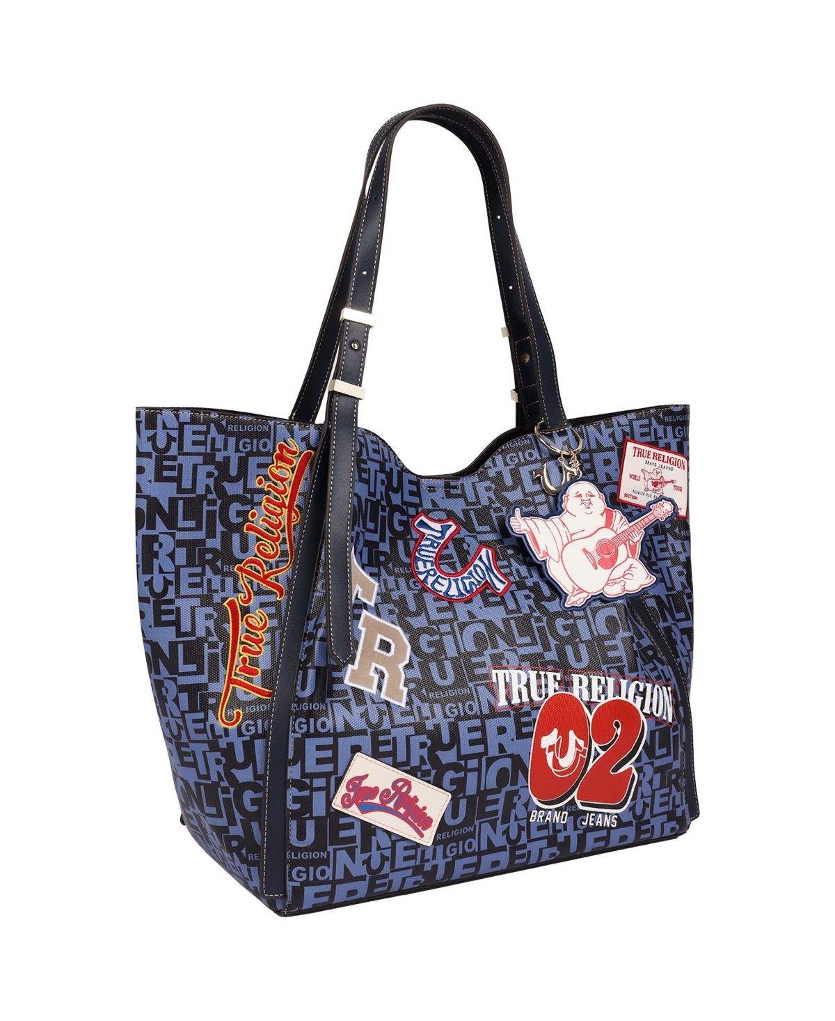 True Religion Women's Multi Patch Graphic Tote Bag with Buddha Charm and Adjustable Shoulder Straps