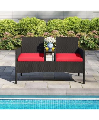 Patio Loveseat with  Built-in Table Soft Cushions and Tempered Glass Tabletop Outdoor