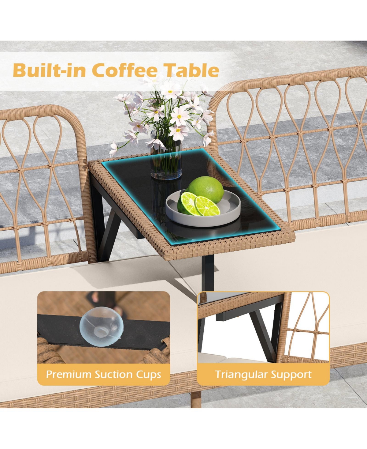 Gymax Pe Rattan Outdoor Loveseat with Built-in Coffee Table and Soft Cushions for Lawn