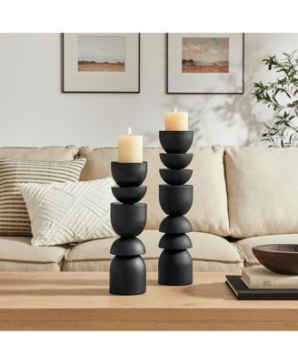 Stacked Sculptural Metal Candle Holder - Set of 2