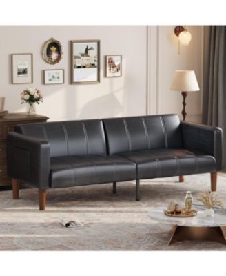 Futon Sofa Bed, Modern Faux Leather Convertible Couch, Mid-Century Loveseat for Small Space, Living Room, Bedroom