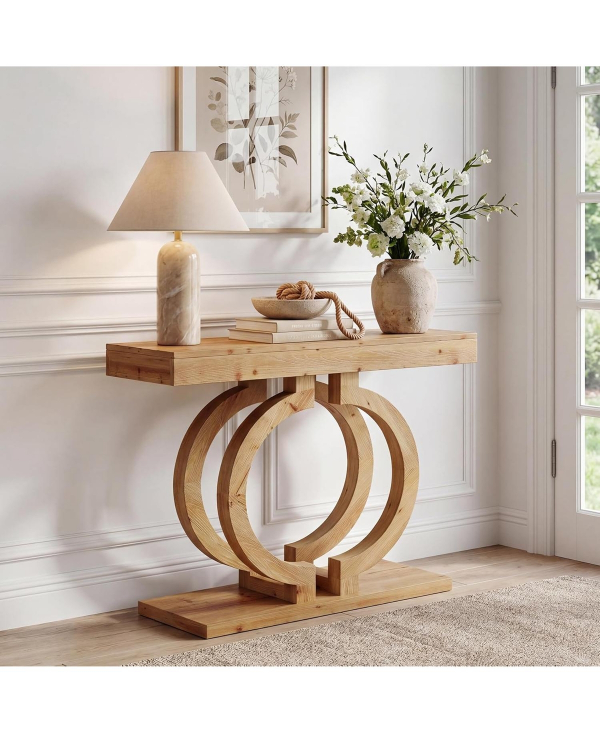 Tribesigns Solid Wood Console Table, 43.3" Natural Wood Entryway Table with Artistic Double-Circle Base, Narrow Sofa Accent Table