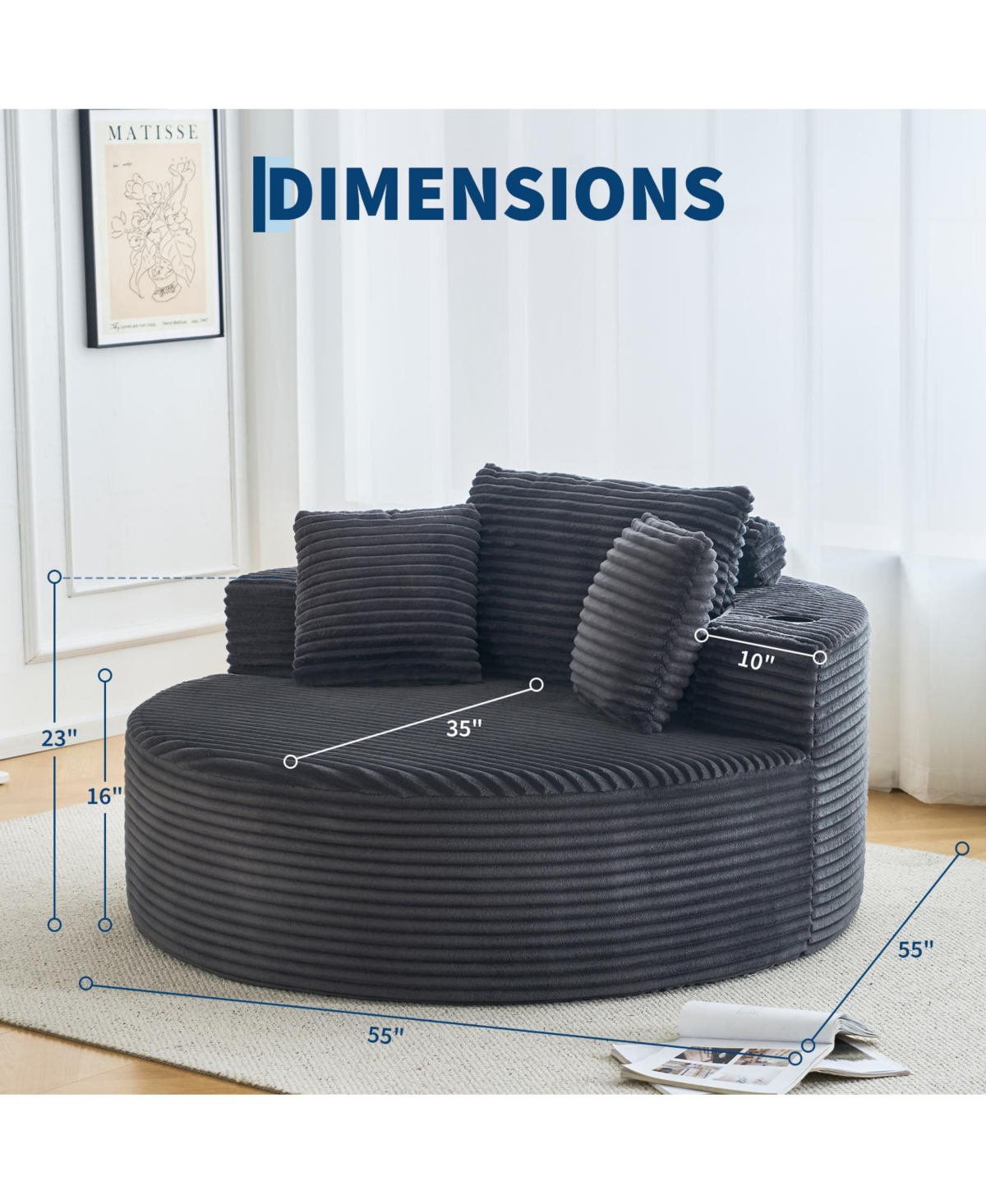 gaomon 55 inch Round Corduroy Sofa with Cup Holders No Assembly