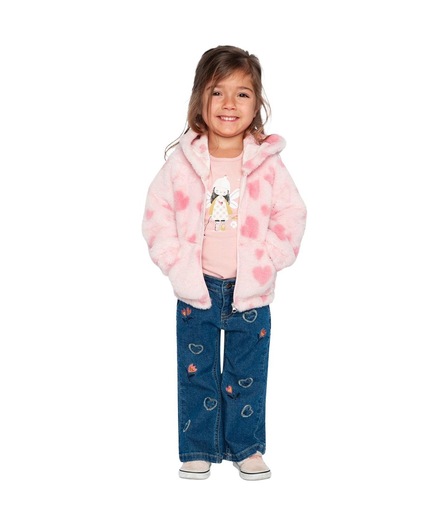 Куртка Deux par Deux Hooded Full Zip Faux Fur Jacket Printed with Hearts для девочек-малышей, цвет: Розовый — фото 6