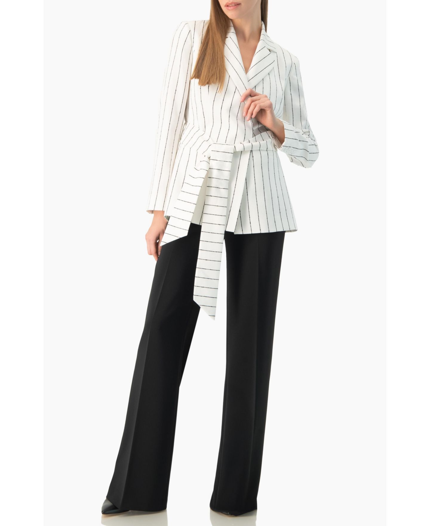 Женский пиджак Ivonne Pinstripe Self-Tie Belted Wrap Tailored Blazer, цвет: Белый — фото 5