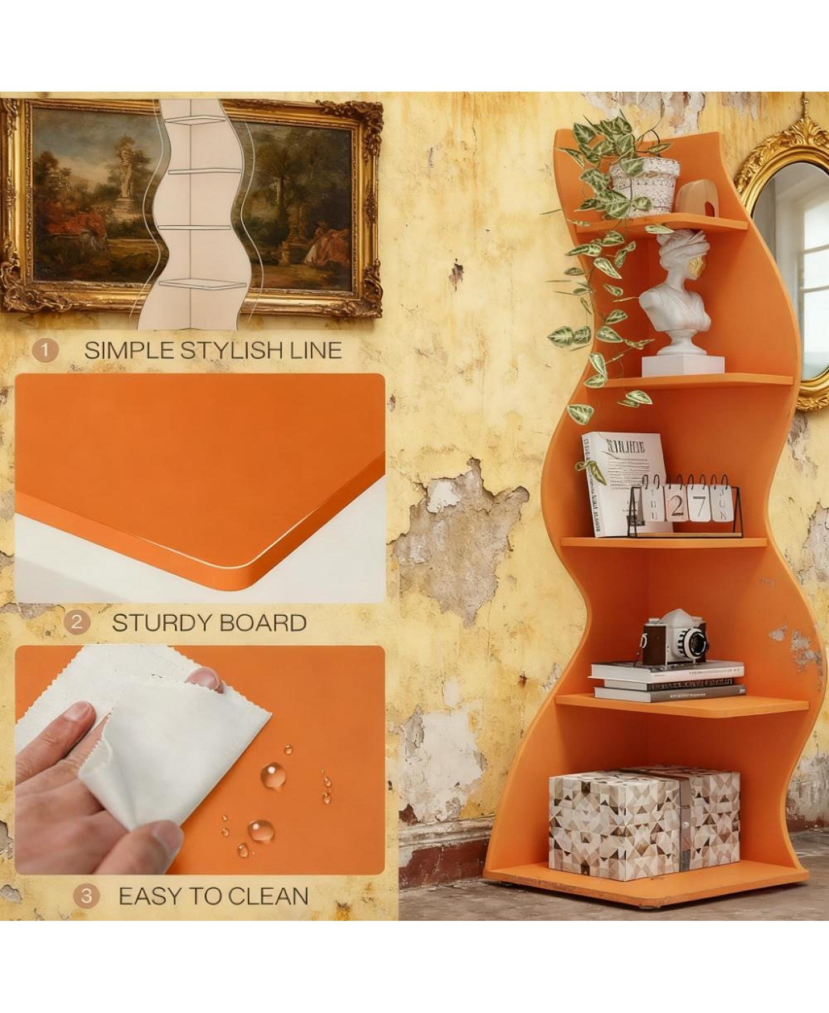 Rainsken 5-Tier Wall Corner Bookshelf, Modern Bookcase Storage Rack with Adjustable Shelves, Unique Shape for Living Room