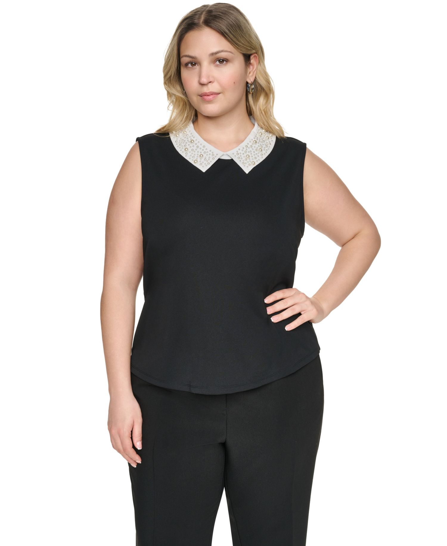 Plus Size Imitation Pearl Collar Knit Top