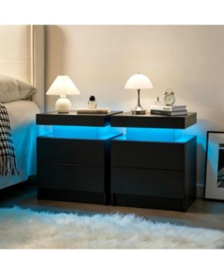 Night Stand Set 2, LED Nightstand with 2 Drawers, Modern End Side Table, for Bedroom