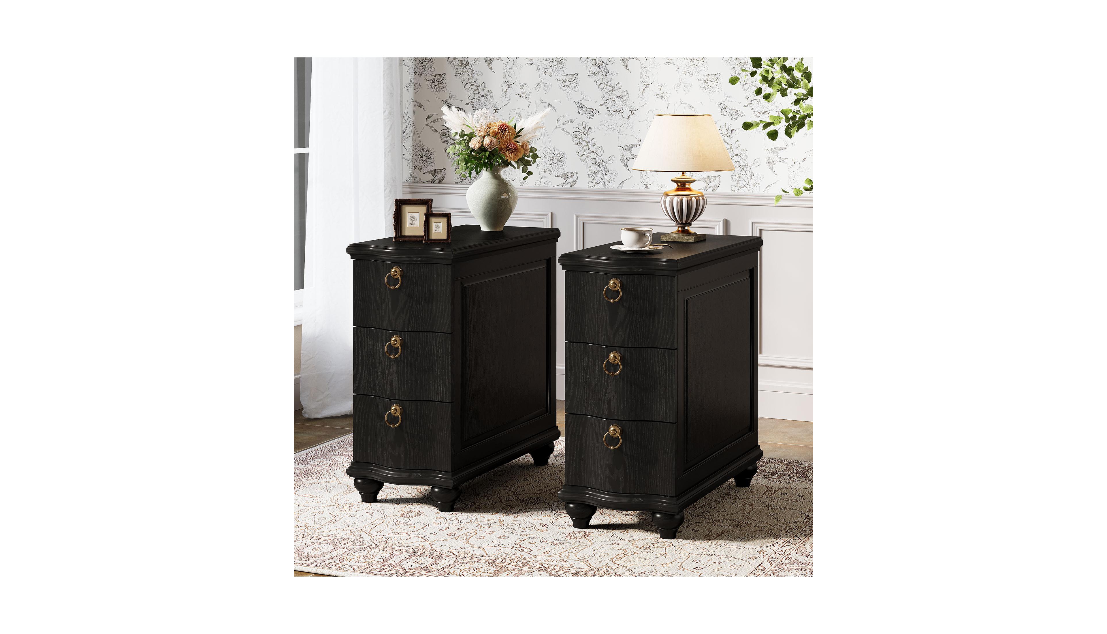 Tribesigns Wood Fully Assembled End Table Set of 2, 3-Drawers Narrow Slim Side Table, No Assembly Required, Nightstand