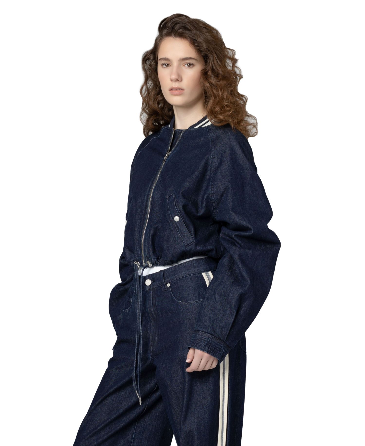 Women's Play Time Collarless Denim Bomber Jacket
